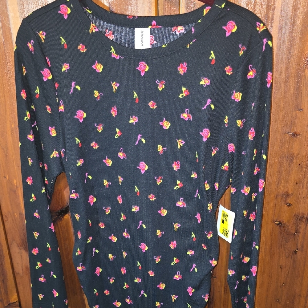 Abound Black Top with Pink Floral Accents